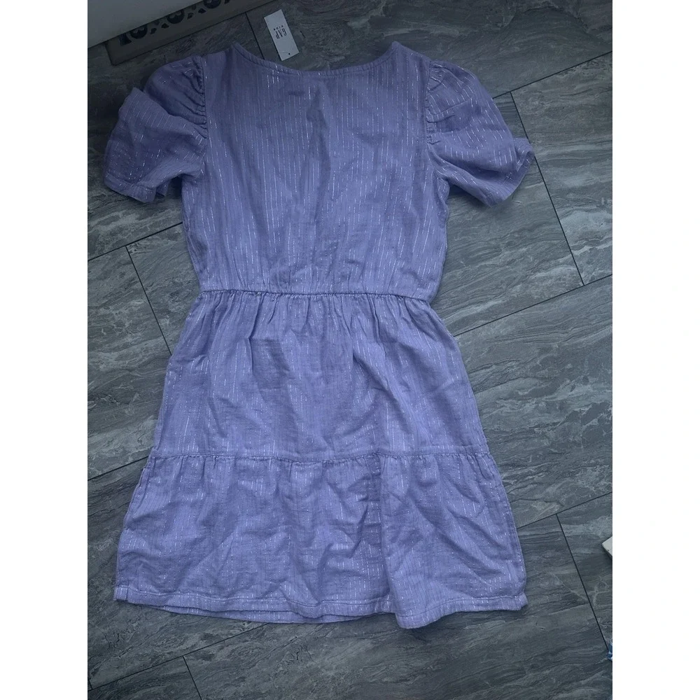 NWT Gap‎ Kids Girls Purple Metallic Stripe Puff Sleeve Tiered Dress XXL 0212